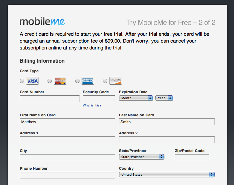 elegant ecommerce signup form from mobilme with nice credit card card form